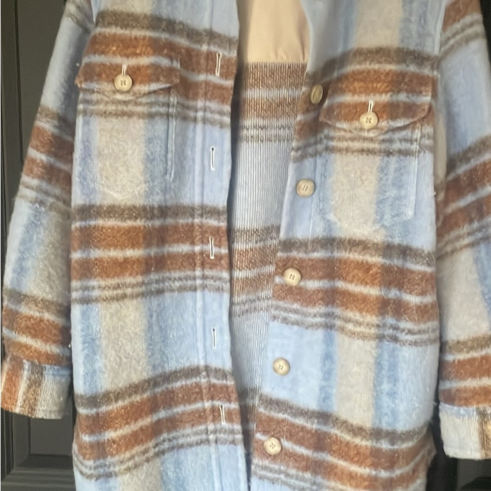 Womens Wilfred Aritzia Blue and Brown Plaid Shacket Jacket